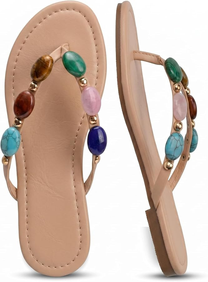 Oakmoo Women Jeweled Sandals Thong Sandals Beaded Flip Flops Flats Sandals | Amazon (US)