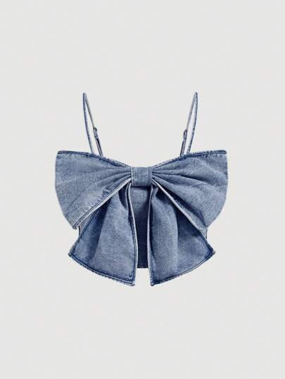 SHEIN MOD Women's Vintage Denim Top, Pink, Sweet Bowknot, Camisole | SHEIN