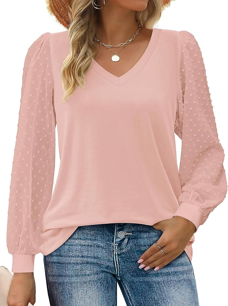 Zeagoo Women's Blouses Dressy Casual V Neck Top Swiss Dot Balloon Long Sleeve Shirts | Amazon (US)