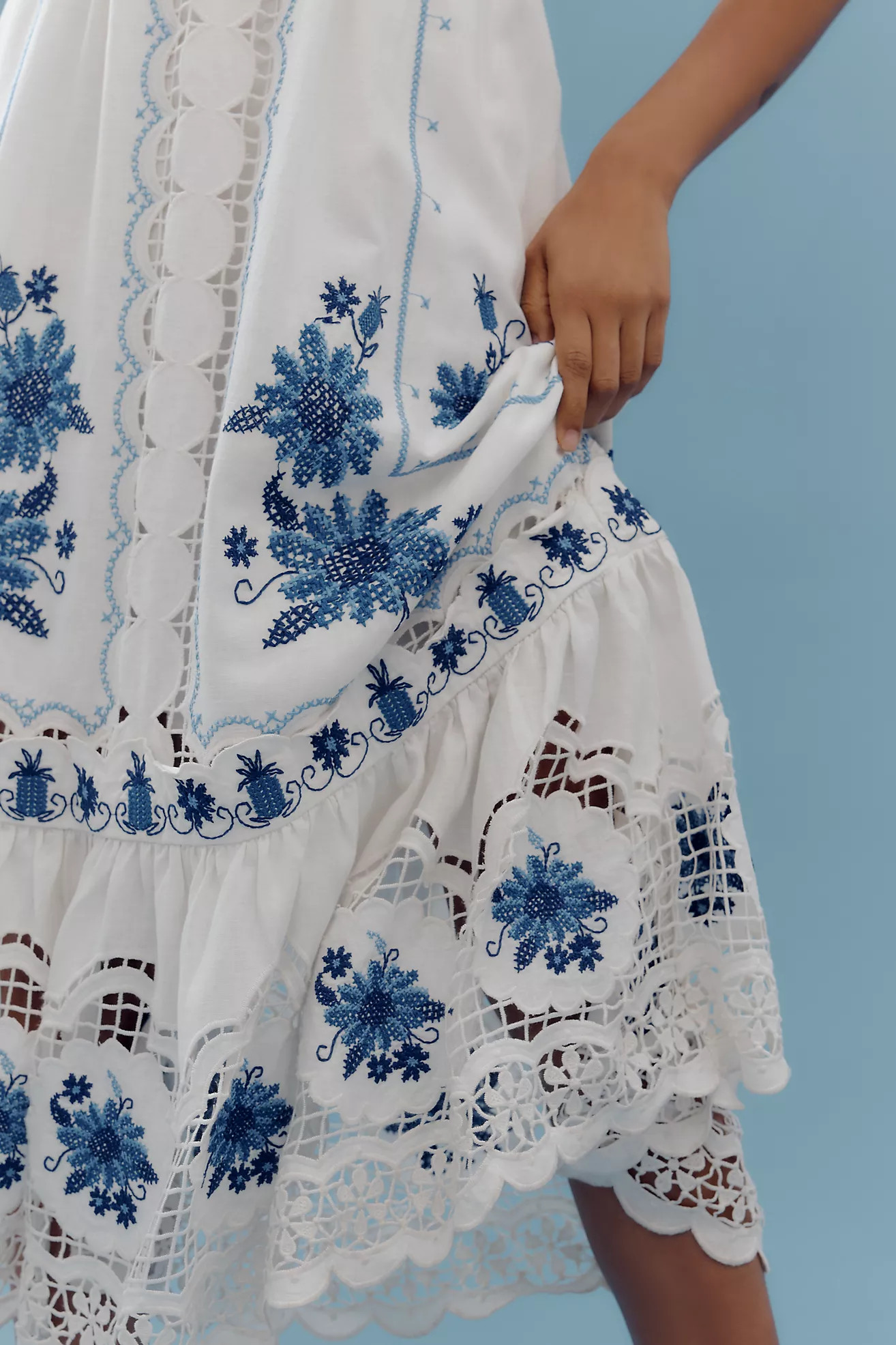 Farm Rio Cross-Stitch Richelieu Linen Blend Dress | Anthropologie (US)