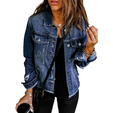 Eytino Oversized Denim Jacket for Women Long Sleeve Casual Jean Jacket Boyfriend Trucker Jacket Coat | Walmart (US)