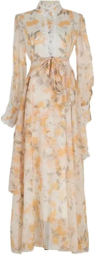 Womens Sweet Floral Print Lace Splicing Long Dress Irregular Hem Street Comfortable Casual | Amazon (US)