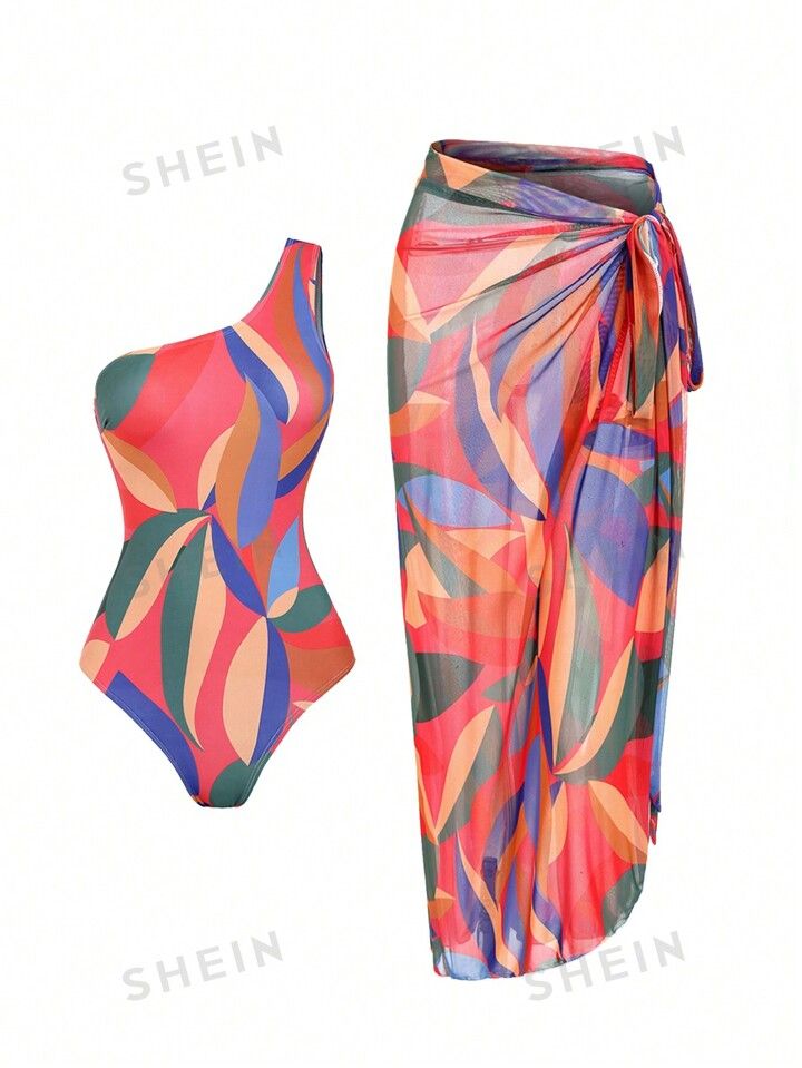 Women's One Shoulder Full Print Slim Fit Bodysuit With Swim Skirt And Cover Up | SHEIN