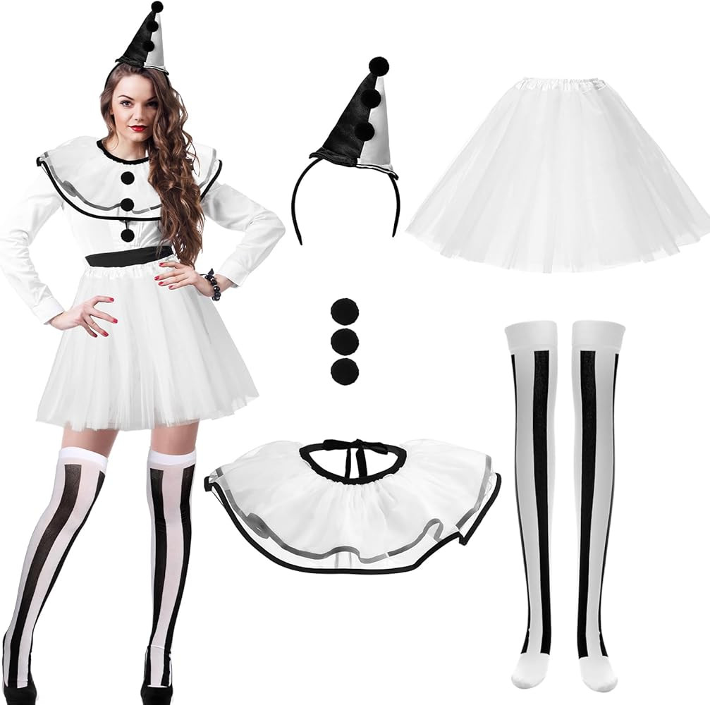 7 Pcs Halloween Killer Clown Costume Women Black White Cosplay Vintage Clown Costume with Ruffled... | Amazon (US)
