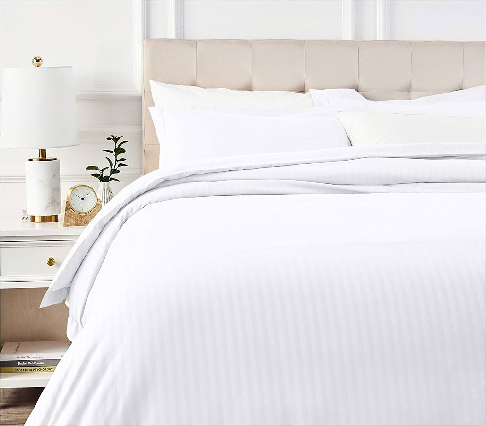Amazon Basics Brushed Microfiber 3 Pieces Duvet Cover Set, Full/Queen, Bright White, Striped | Amazon (US)