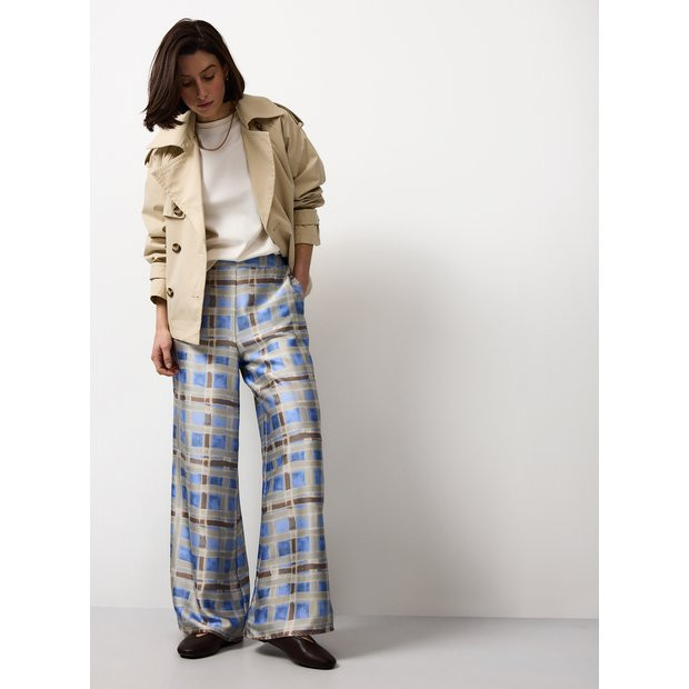 Blue Checked Balloon Ultra Wide Leg Satin Trousers 18 | Tu Clothing