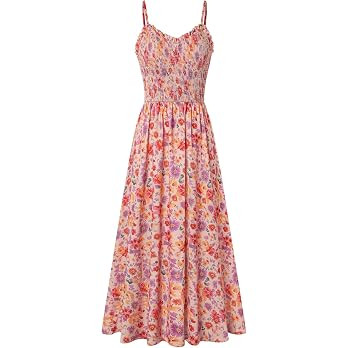 Womens Summer Floral Maxi Long Beach Boho Smocked Spaghetti Strap Dress | Flowy Vacation Sundress... | Amazon (US)
