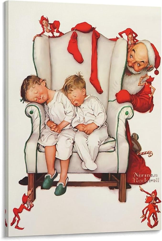 JU XIANG Norman Rockwell Christmas Art Prints Santa Looking at Two Sleeping Children (21) Picture... | Amazon (US)