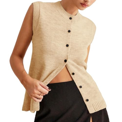 Naileksi Women Button Knit Sweater Vest Sleeveless Solid Form Fit Causal Cardigan Sweater Vest Fall Aesthetic Streetwear Beige | Amazon (US)