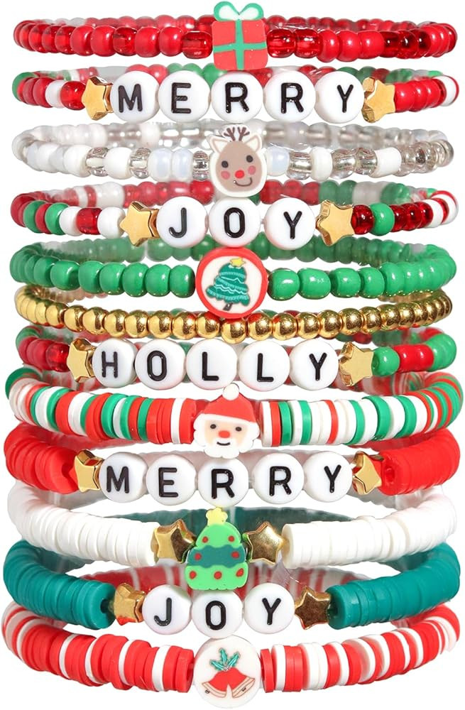 Christmas Bracelets Set for Women, Stocking Stuffer Handmade Clay Beads Letter Stretch Bracelets ... | Amazon (US)