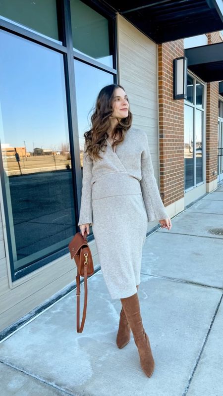 Chicwish knit sweater and matching knit pencil skirt fit tts and stretched great for pregnancy! I’m 28 weeks here for reference. Amazon boots fit tts. 

#LTKSeasonal #LTKbump #LTKshoecrush