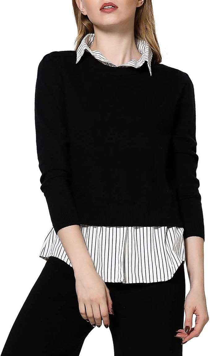 AOO Women's Pullover Sweaters Layered Button Cowl Neck Asymmetric Pullover Business Casual | Amazon (US)