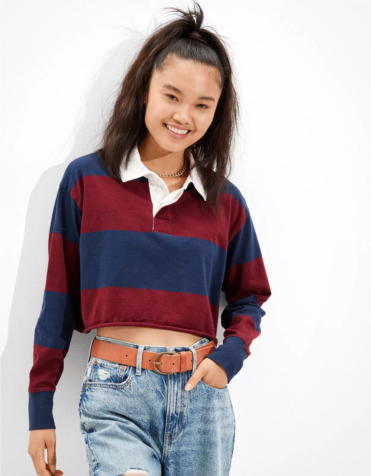 AE Cropped Striped Long-Sleeve Polo Shirt | American Eagle Outfitters (US & CA)