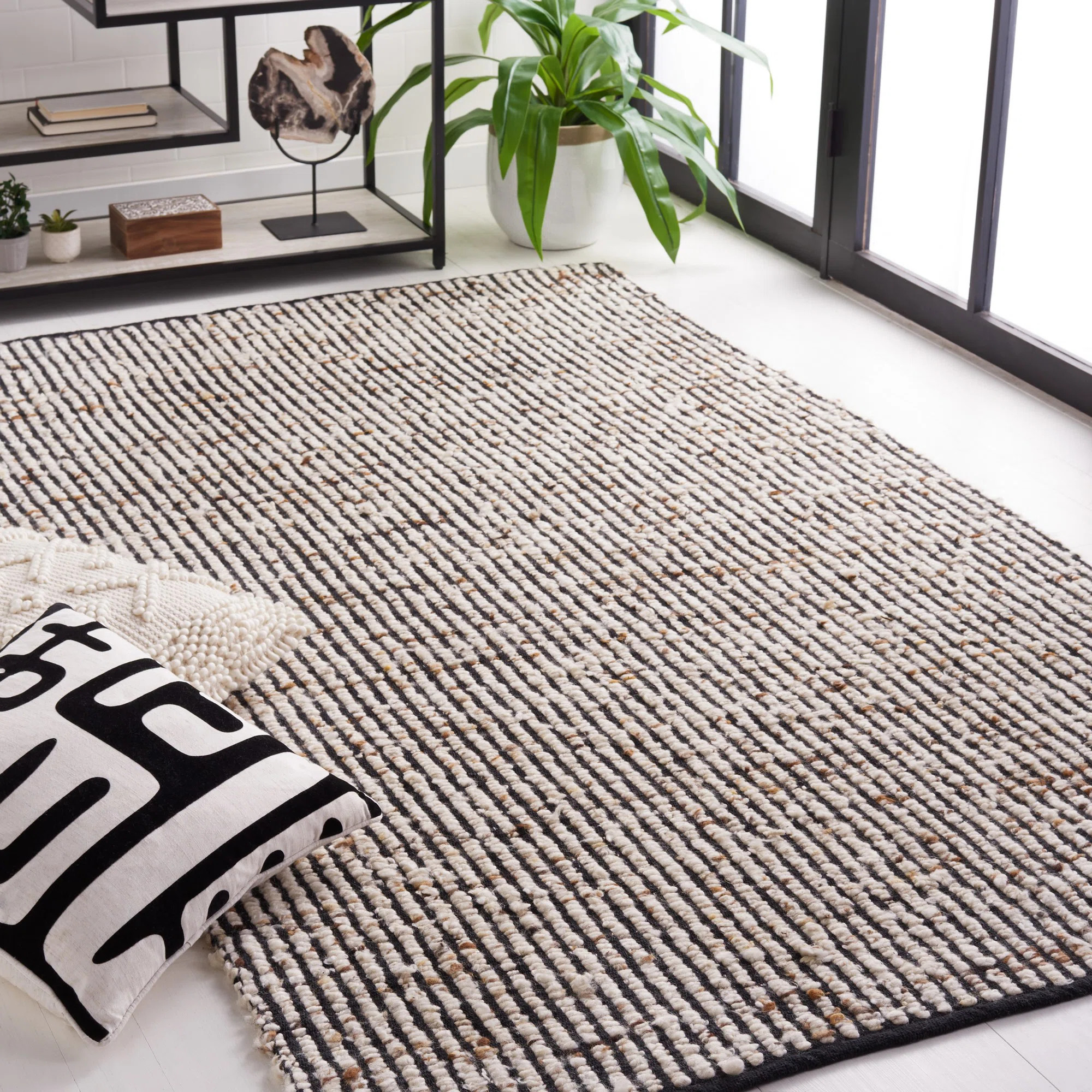 Rynesha Flat Weave Wool/Jute Striped Rug in Ivory/Black | Wayfair North America