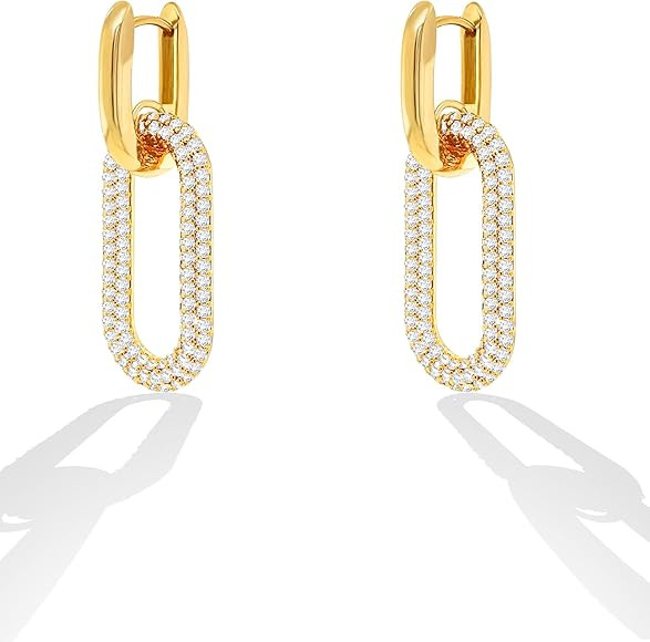 OZEL – CZ Chain Link Dangle Earrings for Women with Cubic Zirconia Stones – 14k Yellow Gold o... | Amazon (US)