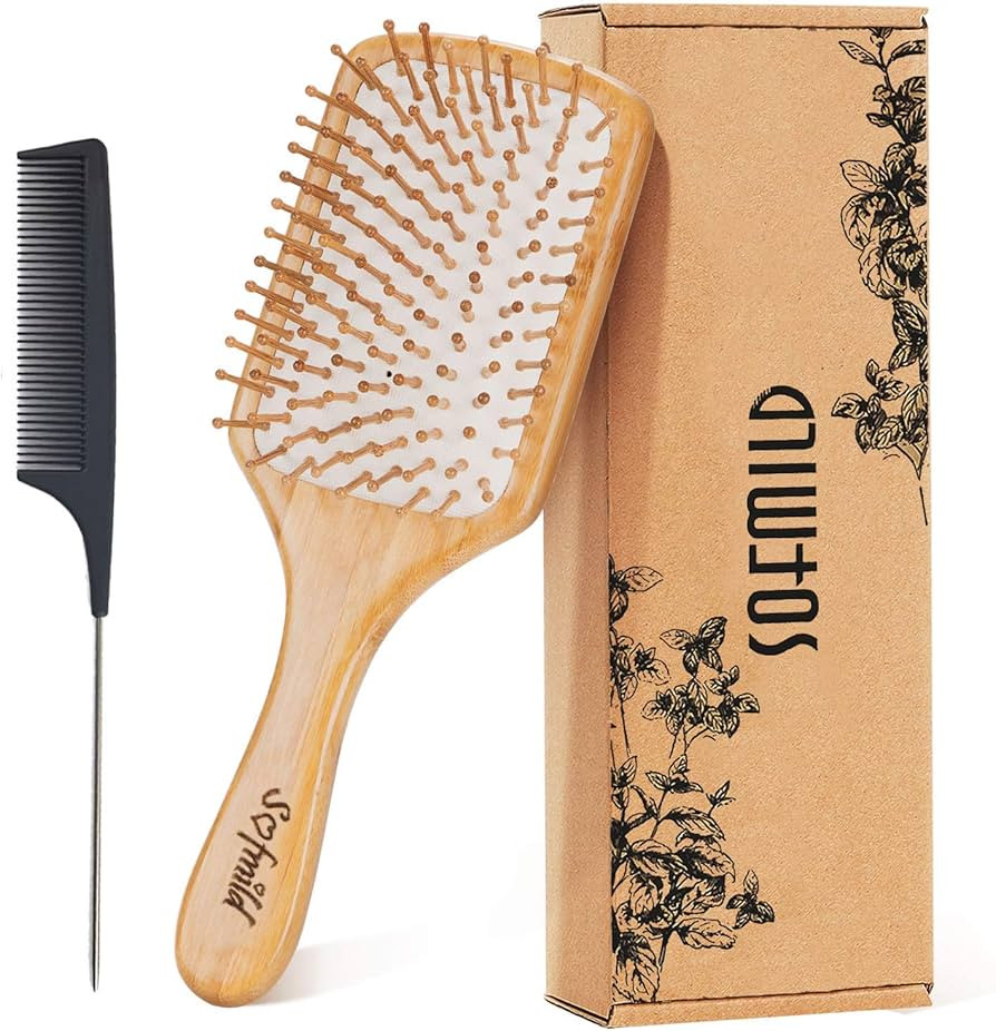 Hair Brush-Natural Wooden Bamboo Brush and Detangle Tail Comb Instead of Brush Cleaner Tool, Eco ... | Amazon (US)