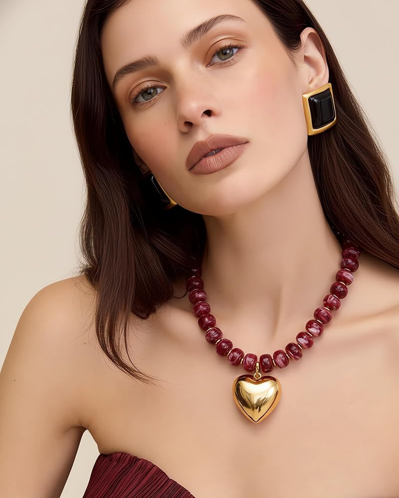 Gold Heart Pendant Necklaces for Women Colorful Acrylic Resin Beaded Choker Necklace Fashion Chun... | Amazon (US)