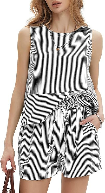 EXLURA Womens 100% Cotton Two Piece Sets Summer Outfits Casual Sleeveless Tank Top Matching Short... | Amazon (US)