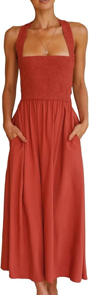 Sexyshine Women's Square Neck Halter Lace Up Criss Cross Maxi Dress Tie Back Sleeveless Smocked R... | Amazon (US)