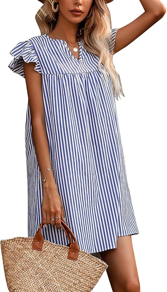 II ININ Women's Summer V Neck Ruffle Sleeve Midi Dress Casual Sleeveless Babydoll Striped Flowy S... | Amazon (US)