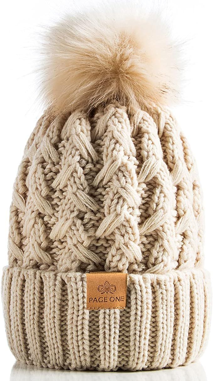 PAGE ONE Womens Winter Ribbed Beanie Crossed Cap Chunky Cable Knit Pompom Soft Warm Hat | Amazon (US)