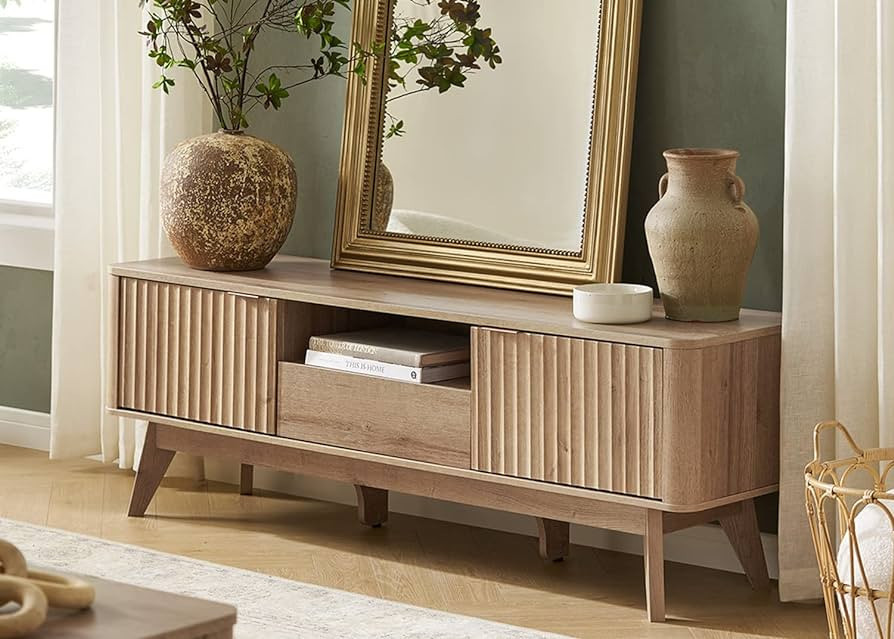 mopio Brooklyn Mid-Century Modern TV Stand, for TVs up to 50” Waveform Panel, Sleek Curved Prof... | Amazon (US)