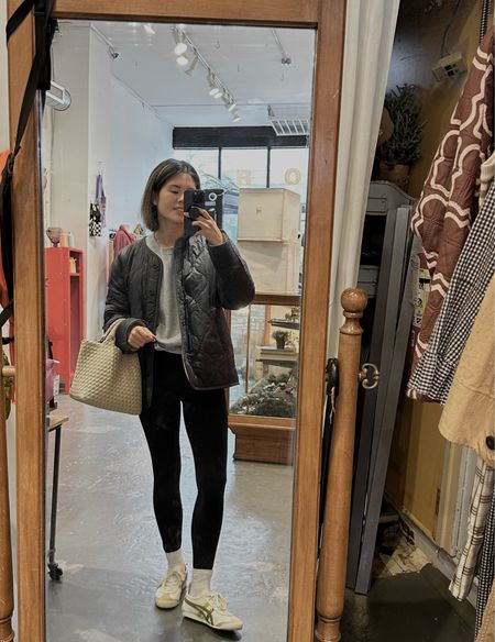 Leggings outfit. Casual outfit. Mom outfit. 

Jacket: velvet. In xs and plenty of room to wear a sweatshirt underneath 
Sweatshirt: Gap. Highly recommend. In xs 
Naghedi bag
Onitsuka Mexico 66. Runs tts for me 