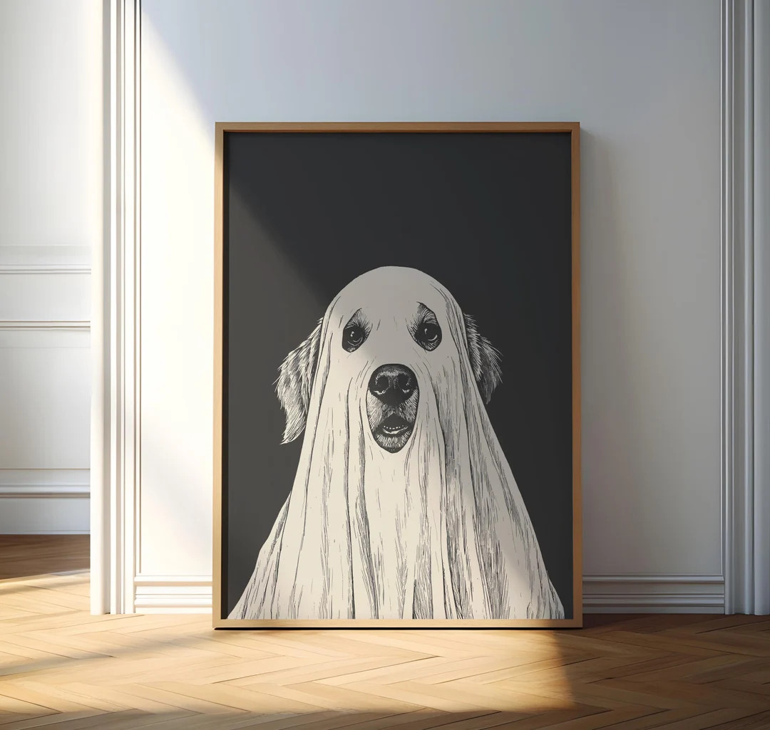 Ghost Dog Print, Vintage Golden Retriever Ghost Art, Ghost Wall Art, Halloween Poster, Halloween ... | Etsy (US)