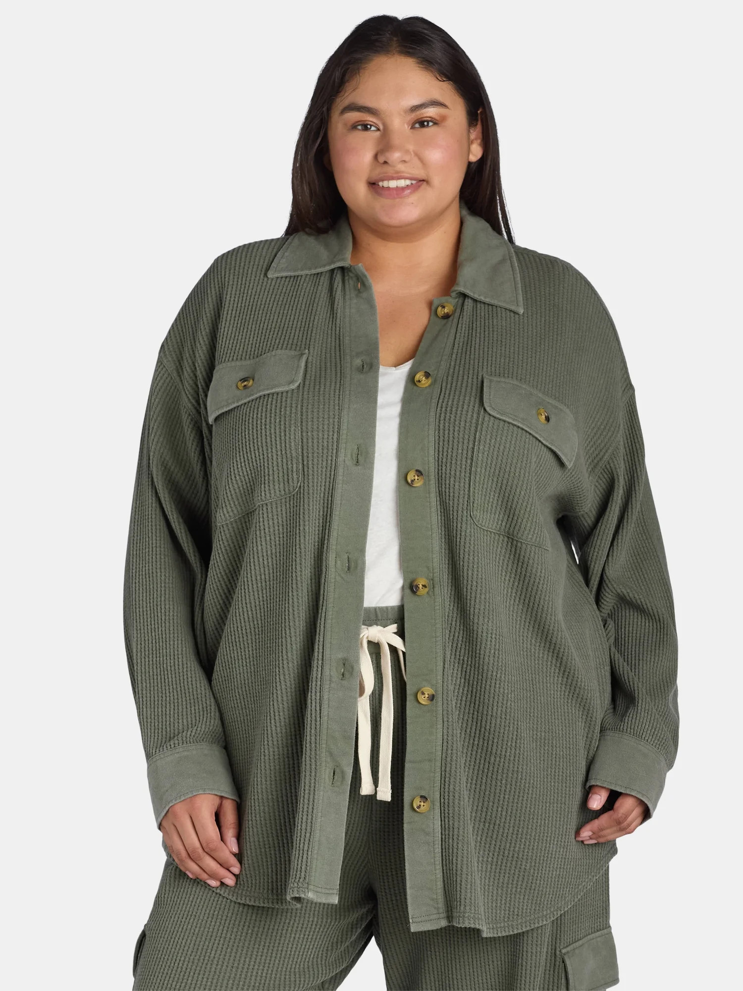 Terra & Sky Women's Plus Size Button Down Waffle Knit Shacket, 0X-4X | Walmart (US)