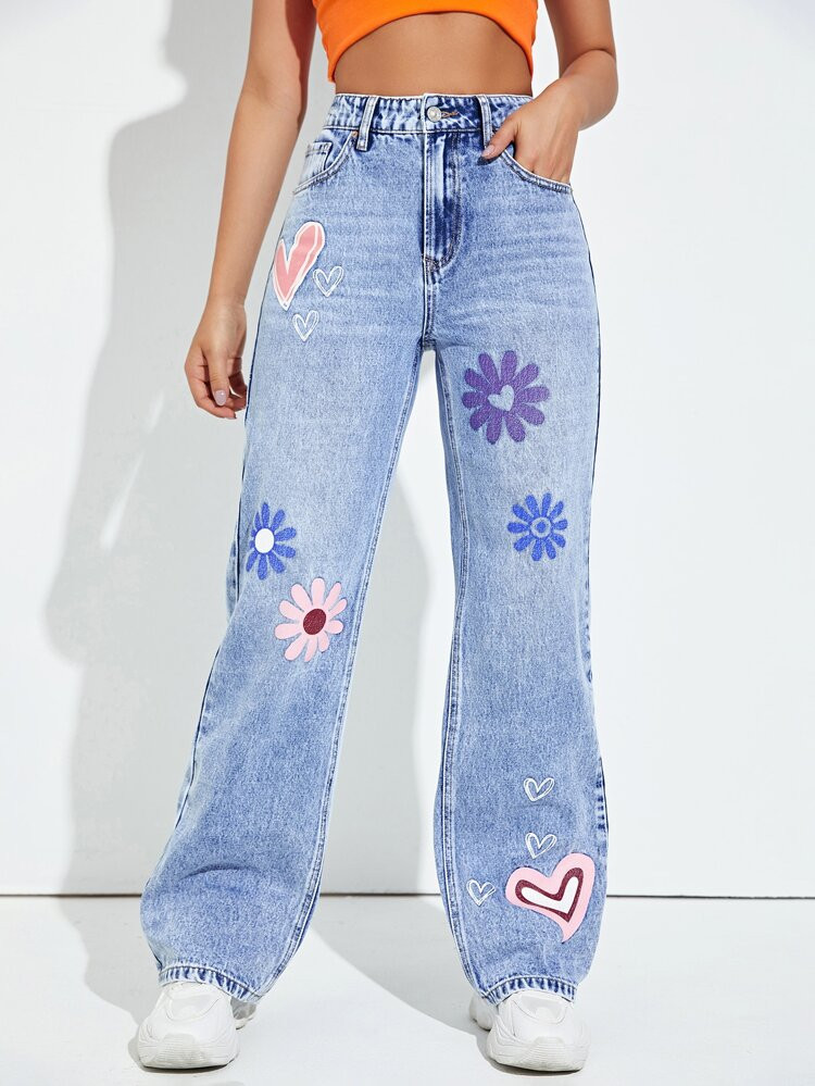 High Waist Floral & Heart Print Straight Leg Jeans | SHEIN