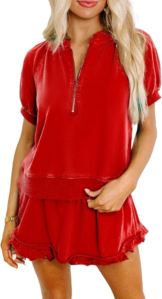 KevaMolly Women's 2 Piece Lounge Sets Casual Short Sleeve Outfits Half Zip Puff Sleeve Top and Ru... | Amazon (US)
