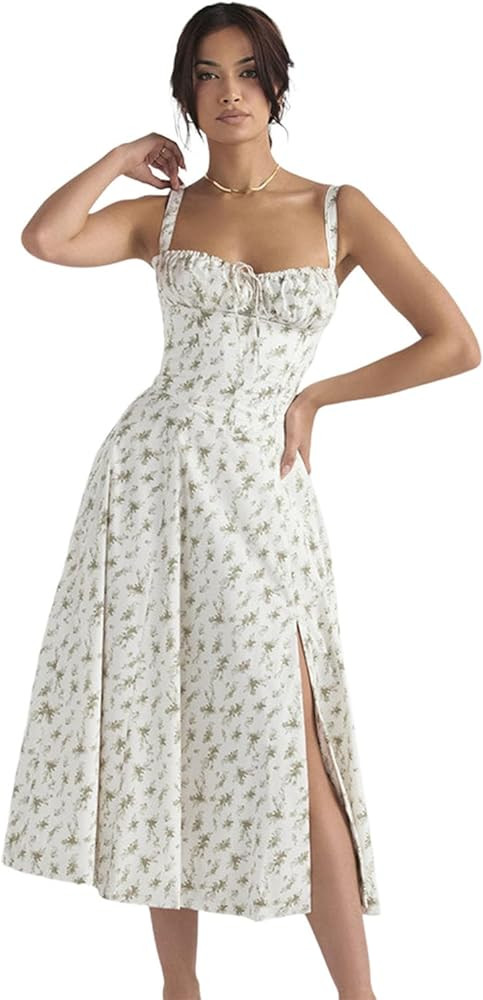 Floral Bustier Midriff Waist Shaper Dress, Print Bustier Sundress Sundresses for Women Slit Long ... | Amazon (US)