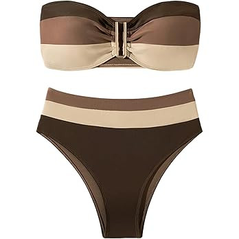 SweatyRocks Women's High Waisted Bikini Sets Color Block Strapless Bathing Suit Bandeau Swimsuits | Amazon (US)