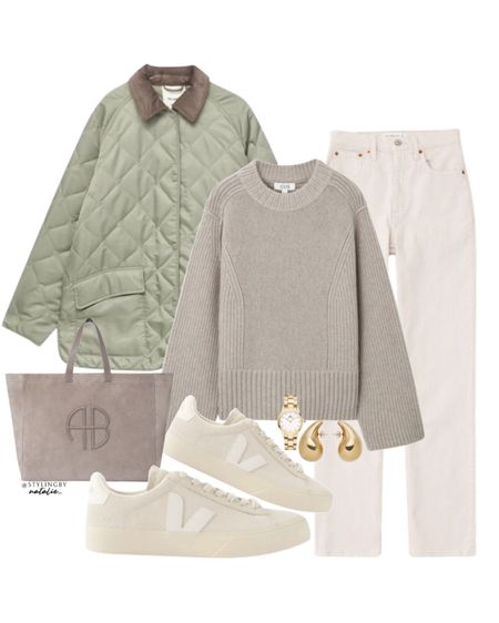 Green quilted jacket, chunky knit jumper, ultra high rise straight leg Jeans, Veja campo suede trainers, Anine bing tote bag, gold jewellery.
Spring outfit

#LTKstyletip #LTKeurope #LTKSeasonal