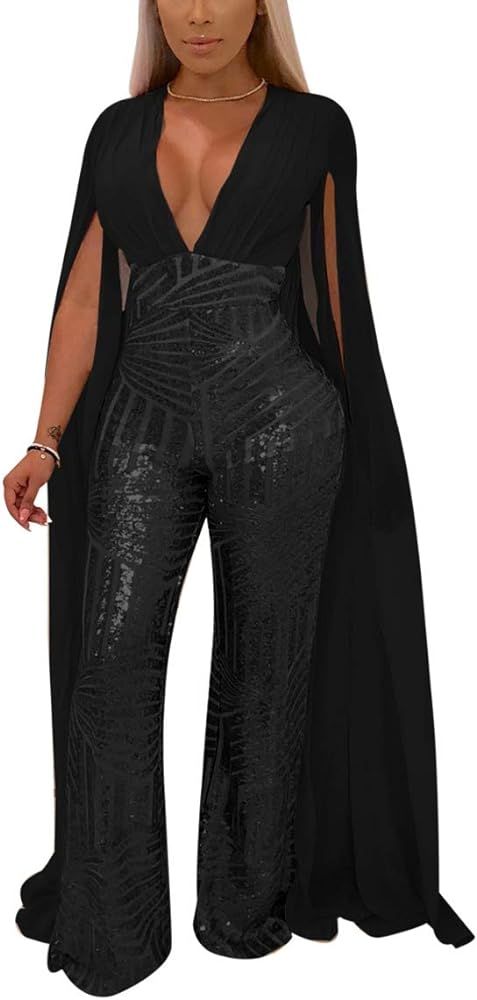 LKOUS Women Elegant Romper Sexy Deep V Neck Sequin Long Sleeve Backless Cape Bodycon Jumpsuits Pl... | Amazon (US)