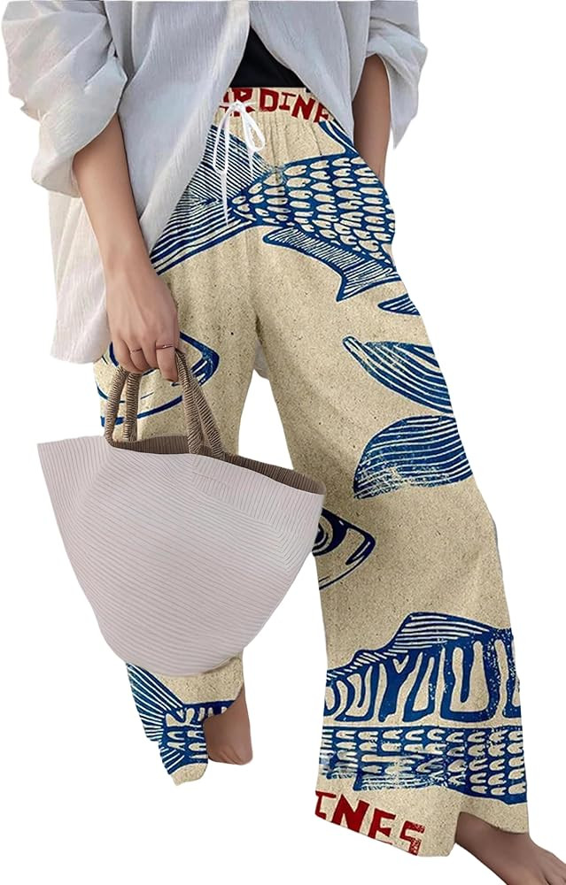 Women's Sardine Graphic Palazzo Pants Elastic Wide Leg High Waisted Beach Vacation Long Trousers ... | Amazon (US)