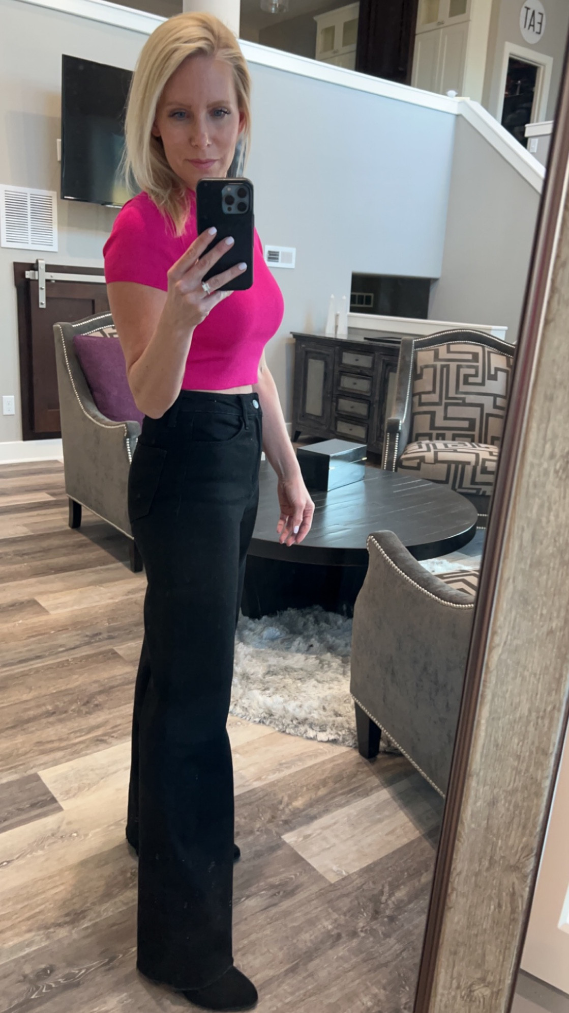 Love The Hot Pink! 

#flarejeans
#blackpants
#winteroutfit 

#LTKFind #LTKunder100 #LTKshoecrush
