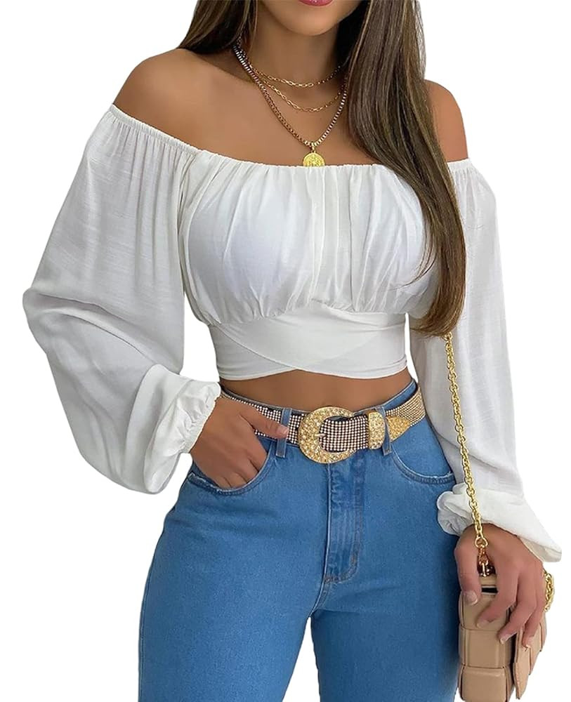 MIRACMODA Woman Off Shoulder Ruched Tie Back Crop Top Summer Lantern Sleeve Boho Shirt Blouse | Amazon (US)