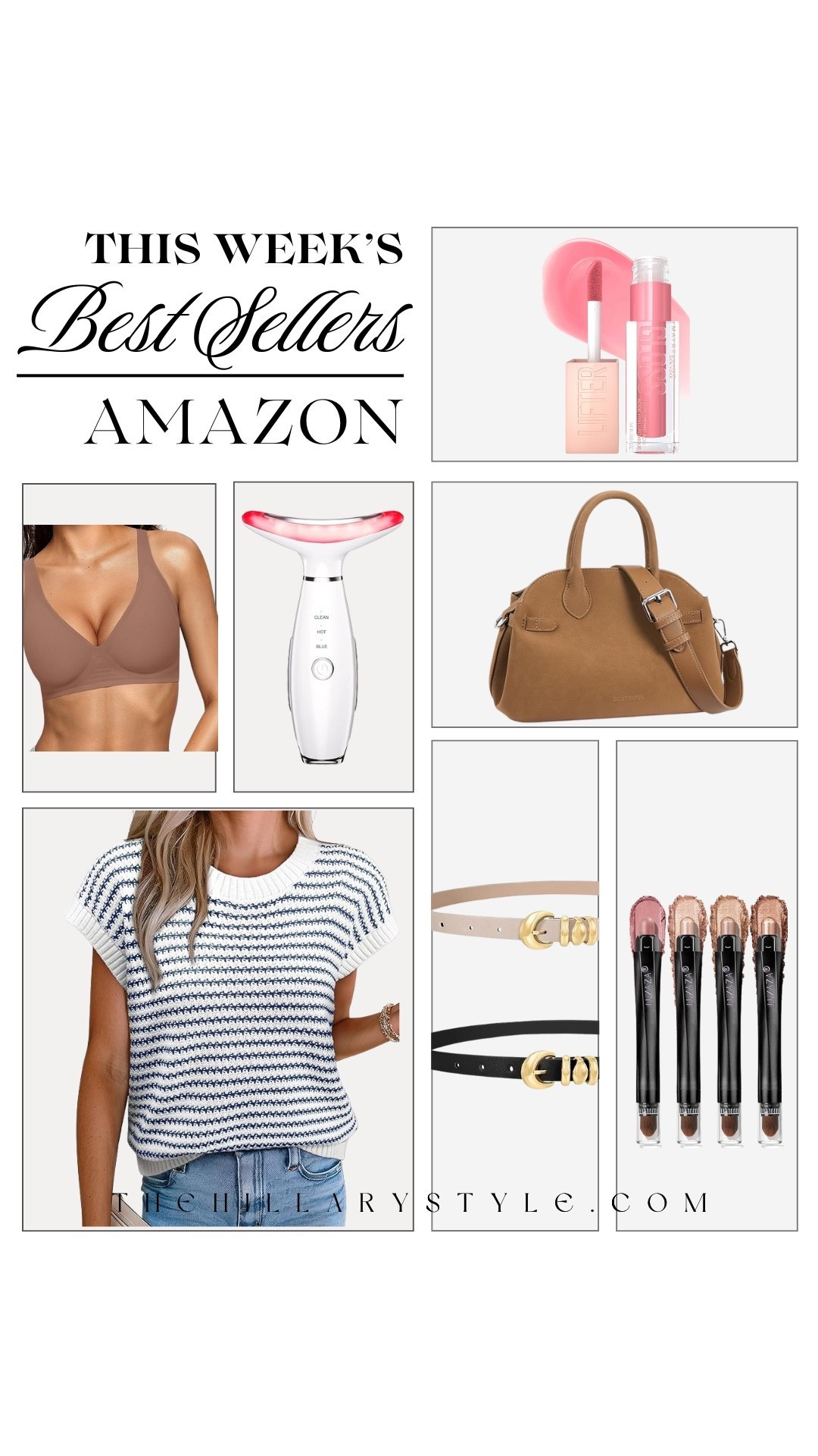 Chic Amazon finds for fall fashion + beauty 🍂 Loving this striped crewneck sweater paired with a skinny leather belt and a satchel in one of the new rich autumn tones. Rounded it out with Maybelline gloss, eyeshadow sticks, and the LED face & neck massager I’ve been seeing everywhere — plus a seamless v-cut bra that’s comfy and flattering.

#LTKBeauty #LTKStyleTip #LTKOver40