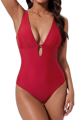 SUUKSESS Women One Piece Tummy Control Swimsuit Deep V Neck Cutout Bathing Suit | Amazon (US)