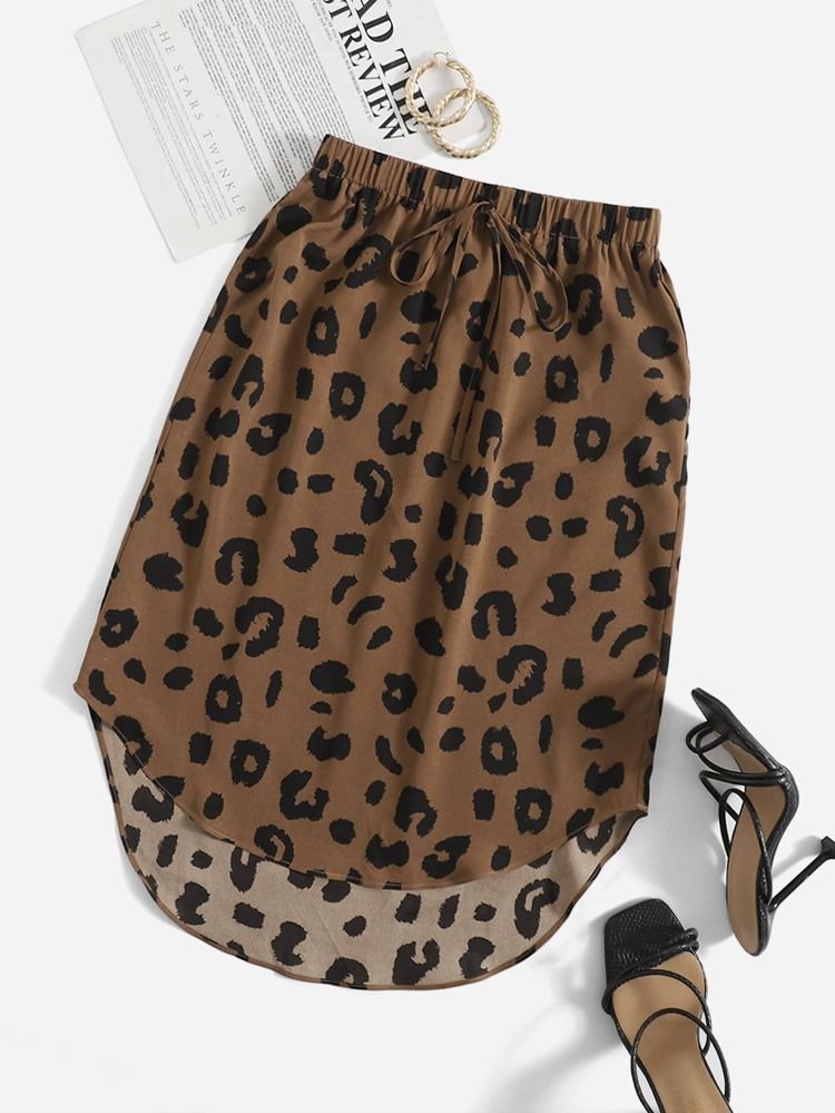SHEIN VCAY Plus Leopard Print Knot Waist High-low Hem Skirt | SHEIN