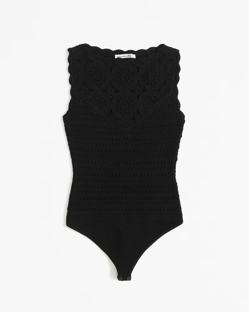 Abercrombie & Fitch Women's Crochet-Style Mosaic Tile Bodysuit in Black - Size M | Abercrombie & Fitch (US)