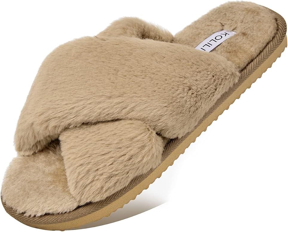 KOLILI Fuzzy House Slippers for Women Cross Band Open Toe Fluffy Bedroom Shoes | Amazon (US)