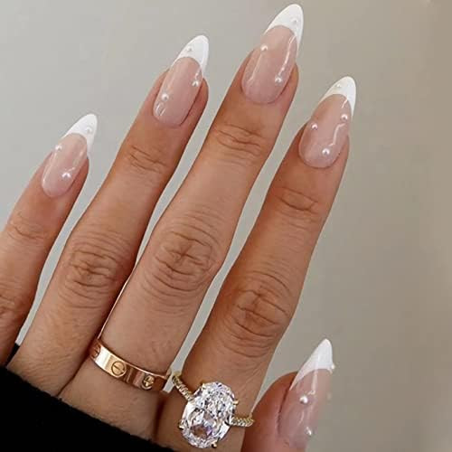 MERVF Almond Press on Nails Medium White French Tip Fake Nails with Pearls Designs Stiletto Acryl... | Amazon (US)