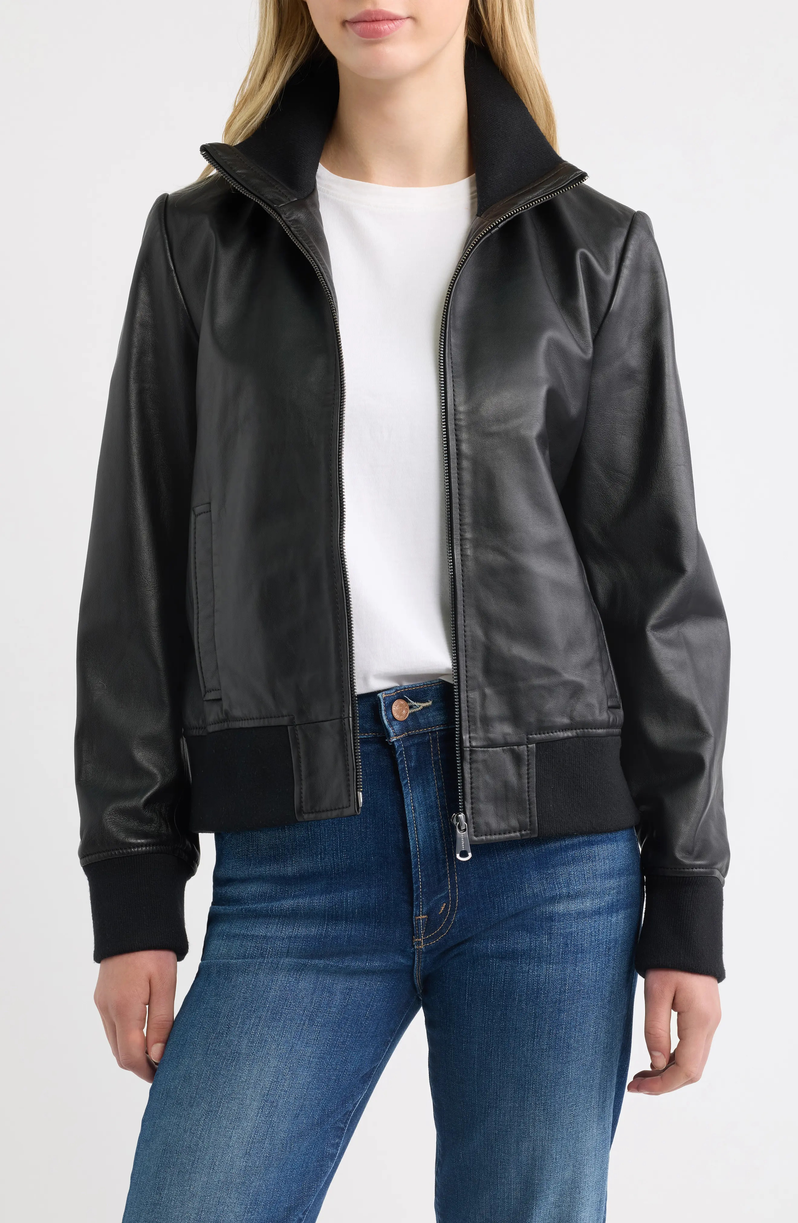 Bernardo Knit Collar Leather Jacket (Women) | Nordstrom | Nordstrom