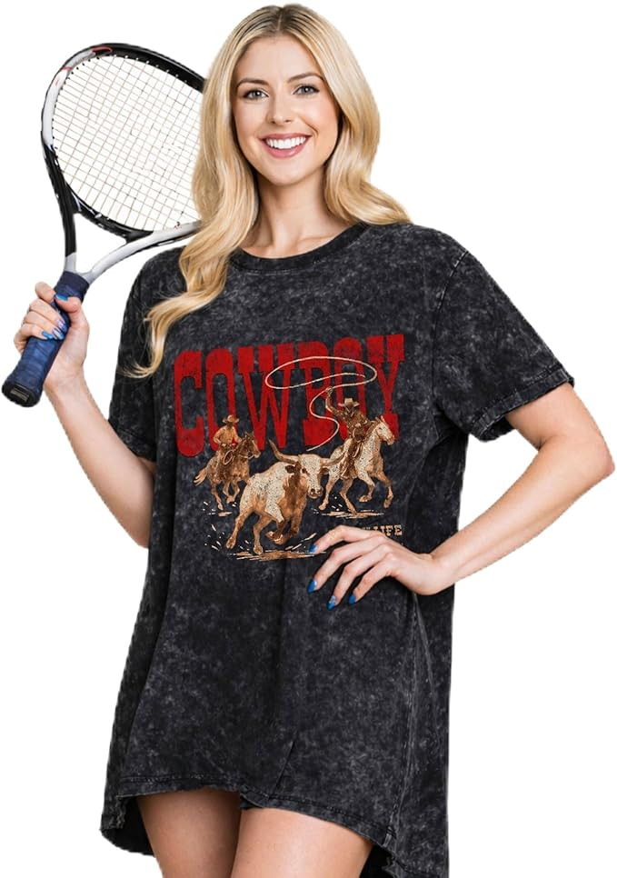 Women's Vintage Mineral Wash Oversized Graphic T-Shirt Dress – Western Boho Loose Fit High Low ... | Amazon (US)