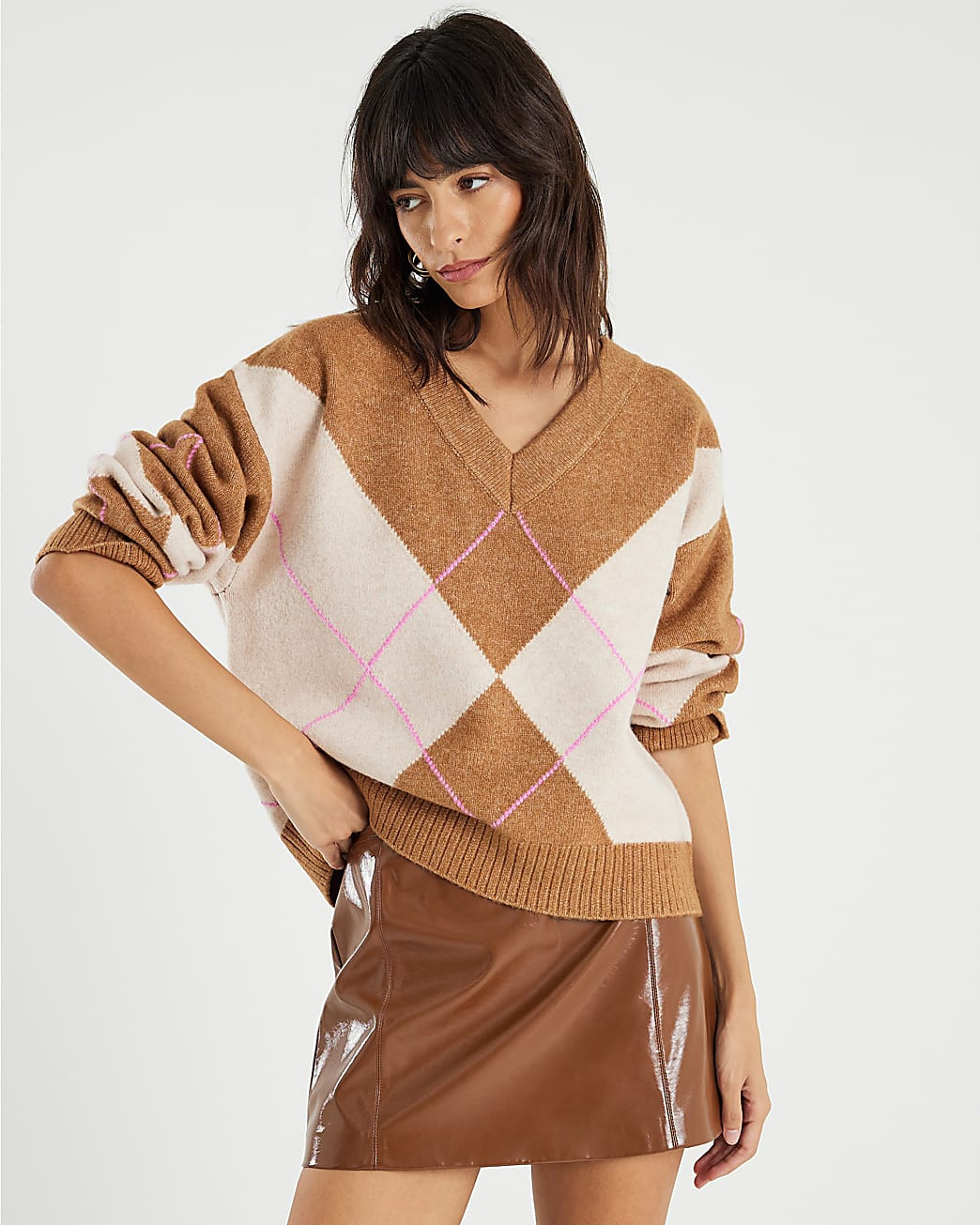 Brown Argyle V Neck Knit Jumper | River Island UK & IE