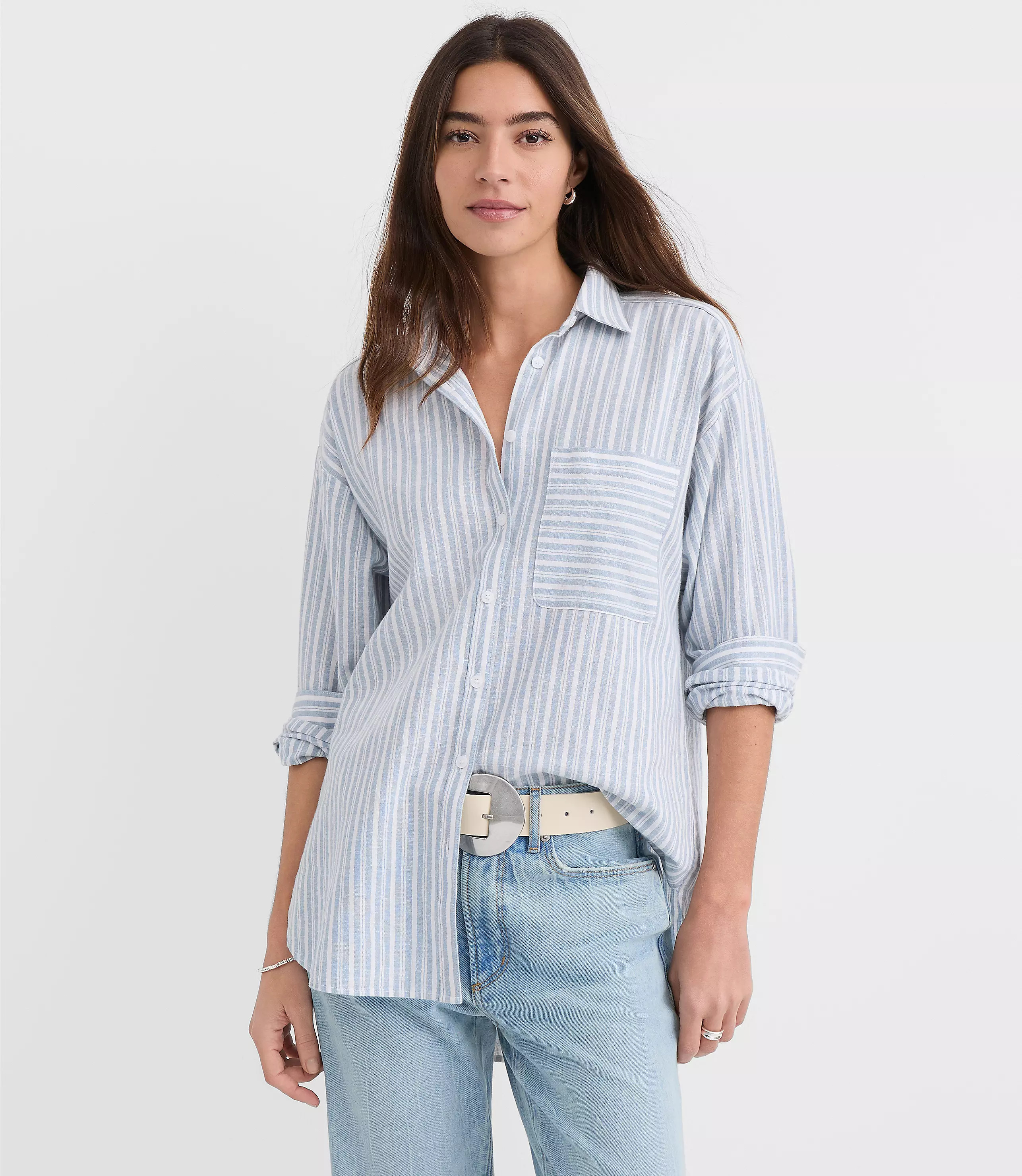 Striped Linen Cotton Everyday Oversized Pocket Shirt | LOFT