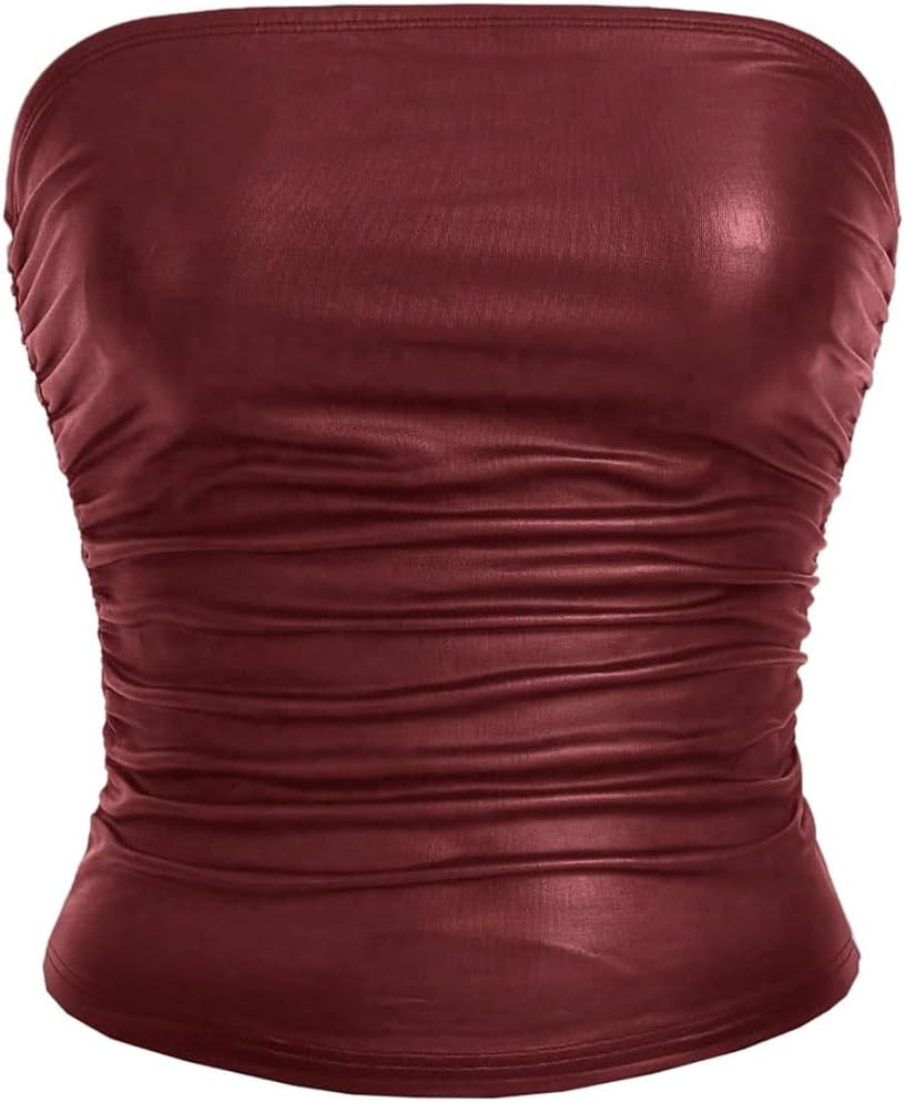 Floerns Women's Plus Size PU Leather Strapless Bandeau Tube Tops | Amazon (US)