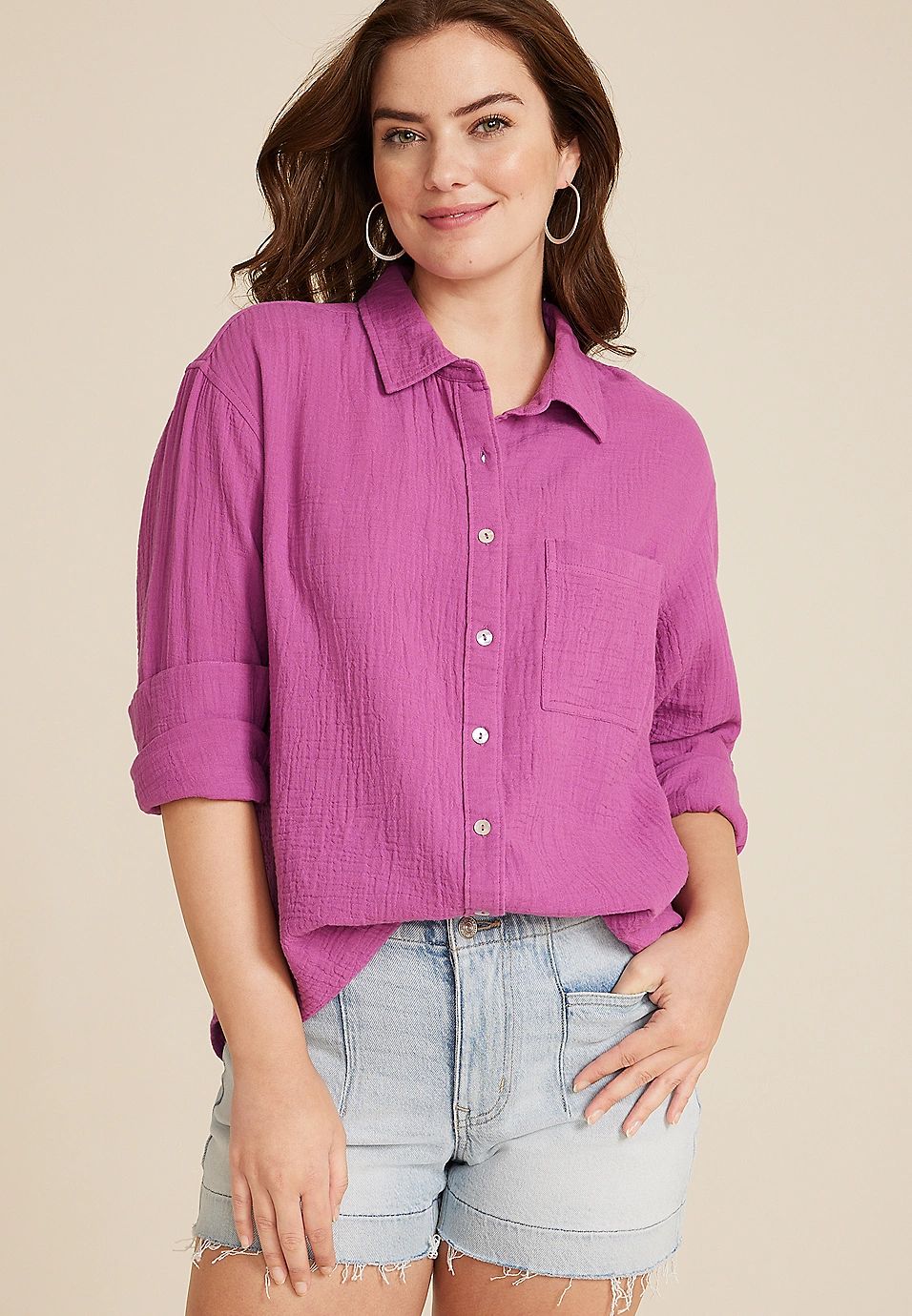 Double Cloth Relaxed Button Up Shirt | Maurices
